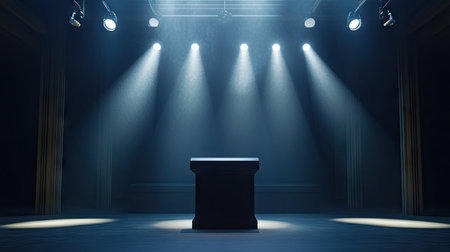 A cinematic scene with multiple spotlights focusing on an empty podium in a darkened hall.の素材