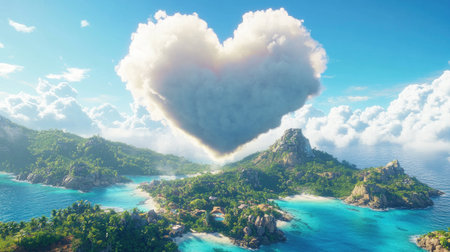 A giant fluffy heart cloud appearing above a breathtaking tropical island.の素材