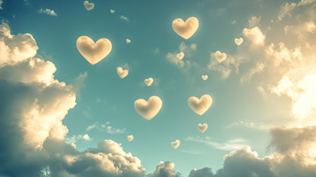 A dreamy sky with multiple small heart-shaped clouds scattered across.の素材