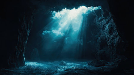 A futuristic sci-fi scene with neon spotlights breaking through an ominous dark space.の素材