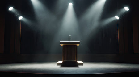 A cinematic scene with multiple spotlights focusing on an empty podium in a darkened hall.の素材