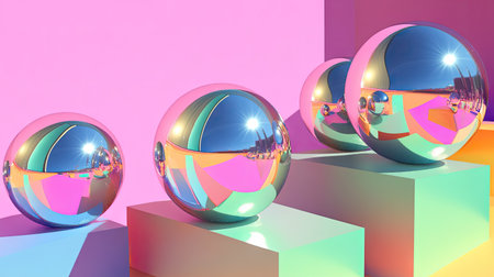 A futuristic display of perfectly smooth, reflective spheres placed on colorful geometric platforms.の素材