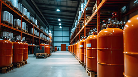A brightly lit industrial warehouse with rows of compressed gas tanks stored for distribution.の素材