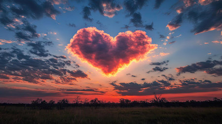 A glowing heart-shaped cloud reflecting pink hues at sunrise.の素材
