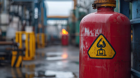 A close-up of a red flammable gas cylinder with warning symbols in an industrial yard.の素材