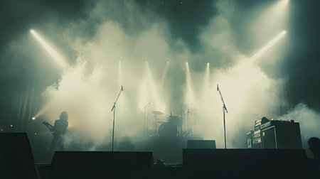 A concert stage with blinding white spotlights cutting through a smoke-filled darkness.の素材
