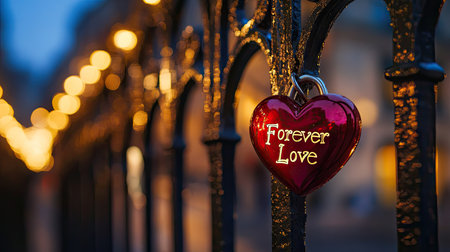 A close-up of a red heart lock engraved with Forever Love attached to a fence.の素材