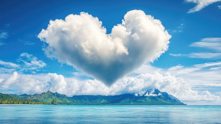 A giant fluffy heart cloud appearing above a breathtaking tropical island.の素材