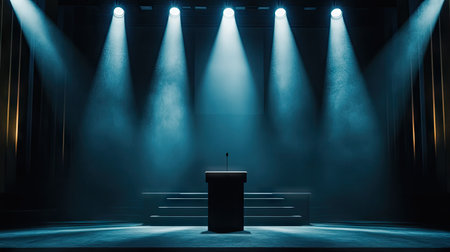 A cinematic scene with multiple spotlights focusing on an empty podium in a darkened hall.の素材