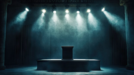 A cinematic scene with multiple spotlights focusing on an empty podium in a darkened hall.の素材