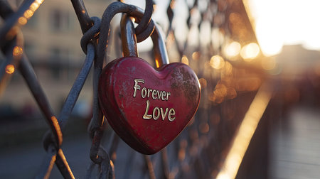 A close-up of a red heart lock engraved with Forever Love attached to a fence.の素材