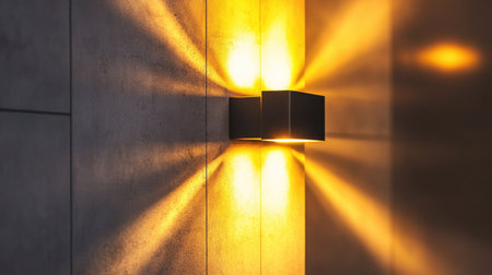 A contemporary LED wall lamp casting dramatic light and shadow effects.の素材
