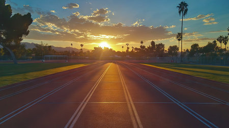 A clean, empty running track at sunset, casting long shadows of lane markings.の素材