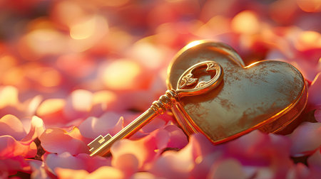 A golden heart lock and key resting on a rose petal-covered surface.の素材