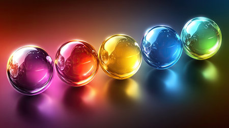 A collection of glossy, colorful spheres floating against a sleek, gradient background.の素材