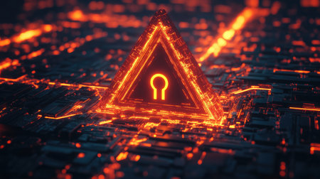 A glowing triangular alert sign with a keyhole in the center of a futuristic network.の素材