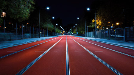 An empty red track under the soft glow of streetlights, with clear lane markings visible.の素材