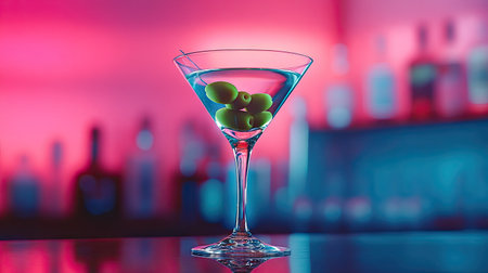 A cinematic-style martini with green olives, illuminated by a moody pink and blue light.の素材