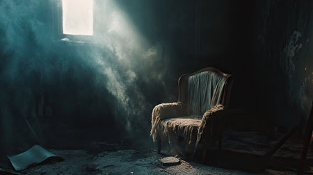 A chair with tattered fabric in a dark, foggy basement, eerie shadows creeping in.の素材