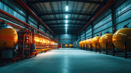 A brightly lit industrial warehouse with rows of compressed gas tanks stored for distribution.の素材