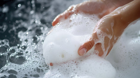 Hands washing with soap under running water from a modern bathroom faucet, with soap foam forming and water gently flowing.の素材
