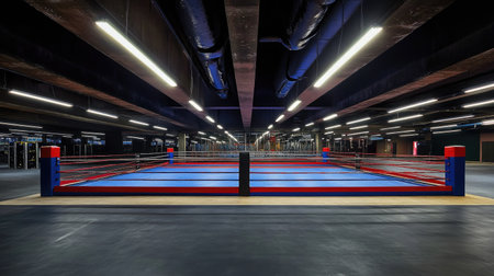 A clean, empty boxing ring with red and blue corners under bright overhead lights in a large sports arena.の素材