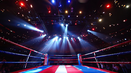 A boxing ring with red, white, and blue ropes, brightly lit by intense spotlights from above.の素材