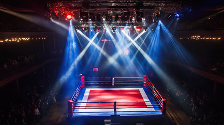 A boxing ring with red, white, and blue ropes, brightly lit by intense spotlights from above.の素材