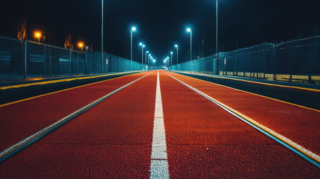 An empty red track under the soft glow of streetlights, with clear lane markings visible.の素材