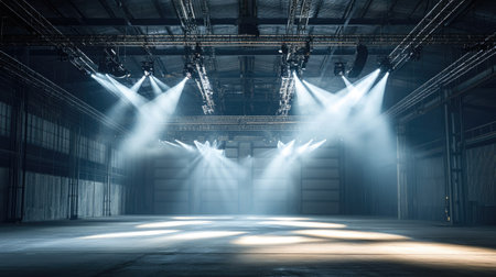 A cold, industrial warehouse lit only by overhead spotlights, casting deep shadows.の素材