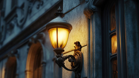 An elegant antique wall sconce with warm yellow light on a historic building.の素材