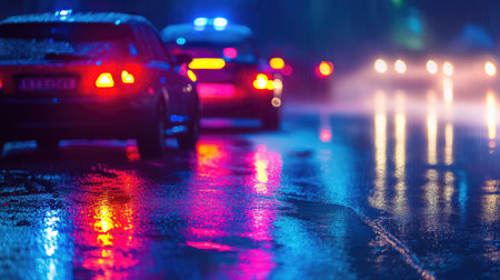 Police car lights flashing in the background of a dark city street, casting colorful reflections on rain-soaked roads.の素材