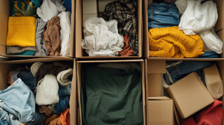 Moving boxes filled with clothes and personal belongings, awaiting transport to a new house.の素材