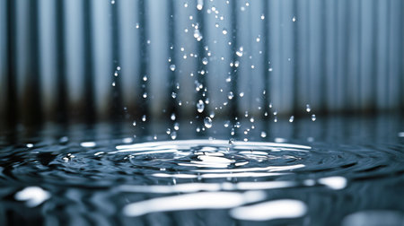 Droplets of water falling from a metal shed roof, creating ripples in puddles below.の素材