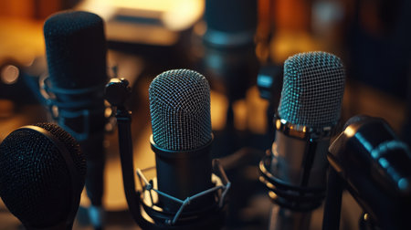 Close-up of different microphones on a table, highlighting their unique textures and designs.の素材