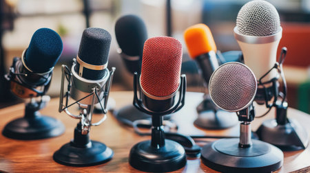 Different microphones positioned on a round table, representing various broadcasting and recording styles.の素材