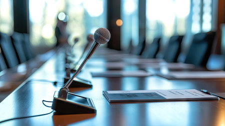 Conference room ready for presentation, microphone on the table with nameplates and digital tablets in soft focusの素材