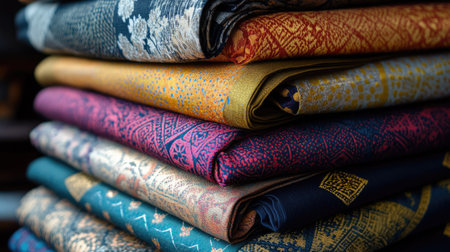Assorted fabrics with intricate symmetrical designs layered in a stack, perfect for cultural, fashion, or craft themesの素材