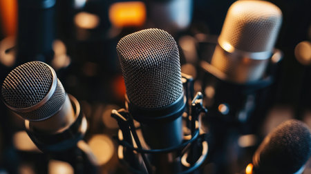 Close-up of different microphones on a table, highlighting their unique textures and designs.の素材