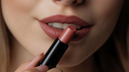 Close-up of a woman's hand holding a lipstick tube, applying the perfect shade to her lips.の素材
