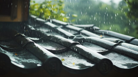Heavy rain falling from a tiled roof, creating a soothing and dramatic scene.の素材