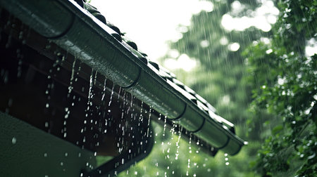 Heavy rainfall streaming down from the gutters of a house, forming small splashes.の素材