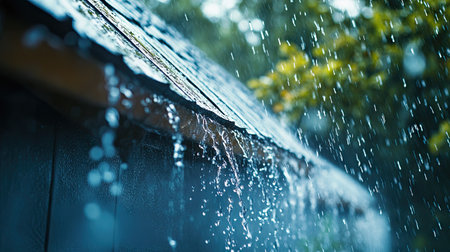 Heavy rainfall streaming down from the gutters of a house, forming small splashes.の素材