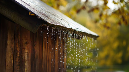 Rainwater trickling from an old barn roof, adding to the rustic atmosphere.の素材