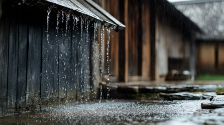Rainwater trickling from an old barn roof, adding to the rustic atmosphere.の素材