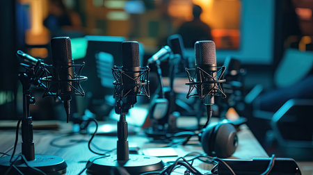 Multiple broadcast microphones set up on a table, ready for a radio show or live stream.の素材