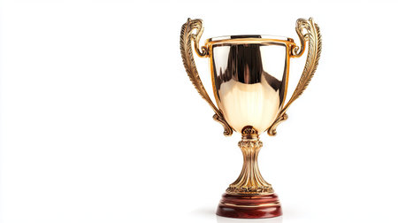 Classic championship trophy isolated on white with clear reflections, perfect for sports or corporate award conceptsの素材