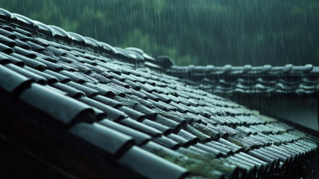 Heavy rain falling from a tiled roof, creating a soothing and dramatic scene.の素材