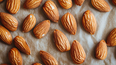 Roasted organic almonds spread out on a parchment paper, showing their crunchy texture and rich color.の素材