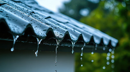 Close-up of raindrops dripping from the corner of a metal roof during a storm.の素材